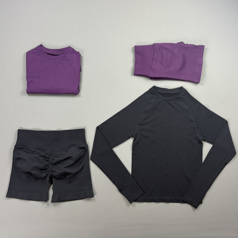 Compression Shorts Athletes - ชุดออกกำลังกาย 2 ชิ้นสำหรับผู้หญิง เสื้อแขนยาวคอกลมแบบแร็กแลน กางเกงขาสั้นรัดรูปทรงบiker ผ้าเนื้อนุ่มยืดหยุ่น