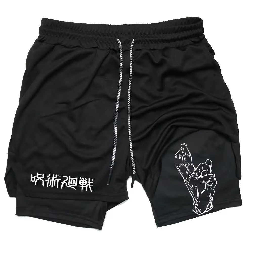 Compression Shorts Athletes - อะนิเมะจูจุสึไคเซ็นกางเกงออกกำลังกายแบบสั้น 2 ใน 1 การออกกำลังกายแบบการบีบอัดเพื่อประสิทธิภาพสูง กางเกงกีฬาแห้งเร็ว