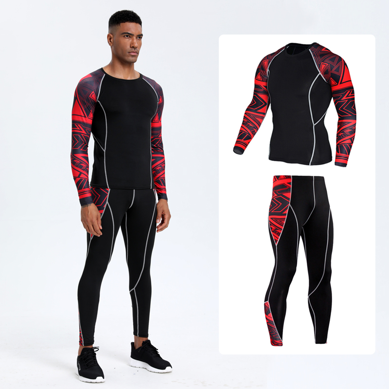 Compression Long Pant - ชุดออกกําลังกายกีฬา PRO สําหรับผู้ชาย: เสื้อยืดแขนยาวแห้งเร็วและกางเกงบีบอัดยืดหยุ่นพิเศษสําหรับการวิ่ง เทรนนิ่ง