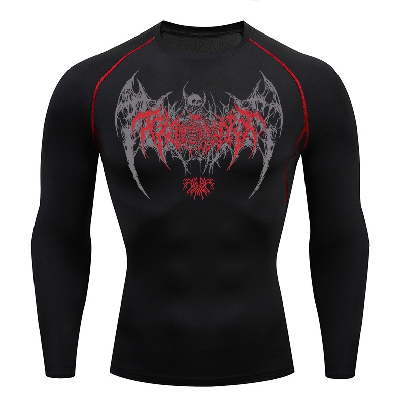 Base Layer Top - เสื้อคอมเพรสชั่นแขนยาวลายปีกหัวกะโหลกสำหรับผู้ชาย เสื้อออกกำลังกาย เสื้อวิ่ง เสื้อซับใน เสื้อกีฬา สำหรับฤดูใบไม้ผลิและฤดูใบไม้ร่วง