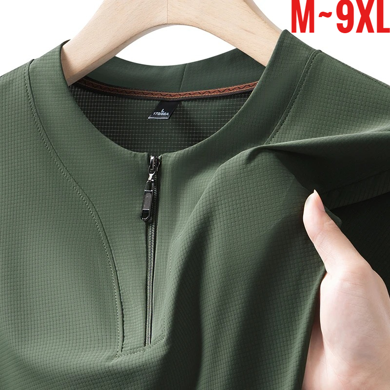 T Shirt Tight Fit - เสื้อยืดเฮนลีย์ผ้าไอซ์ซิลค์ไซส์ใหญ่พิเศษ 9XL สำหรับผู้ชาย เสื้อยืดครึ่งซิป แขนสั้น ใส่สบาย