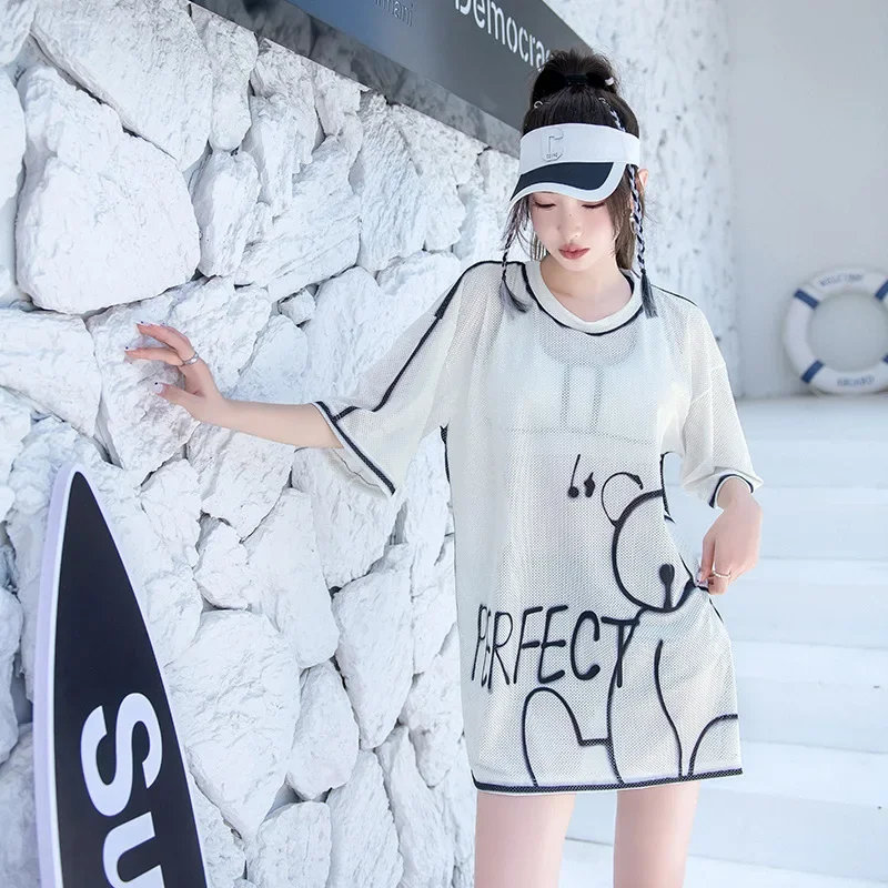Mesh Sport Boxer - ชุดว่ายน้ำผู้หญิงชุด3ชิ้นพิมพ์ลายการ์ตูนเกาหลีกางเกงบ็อกเซอร์กางเกงขาสั้นเสื้อกล้ามตาข่ายชุดว่ายน้ำชายหาดกันแดด