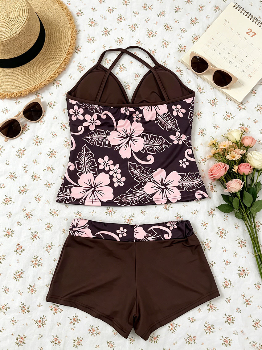 ชุดเซ็ตทูพีซลายดอกชบาเขตร้อนสไ - Suspender Tank Top บทวิจารณ์และราคา