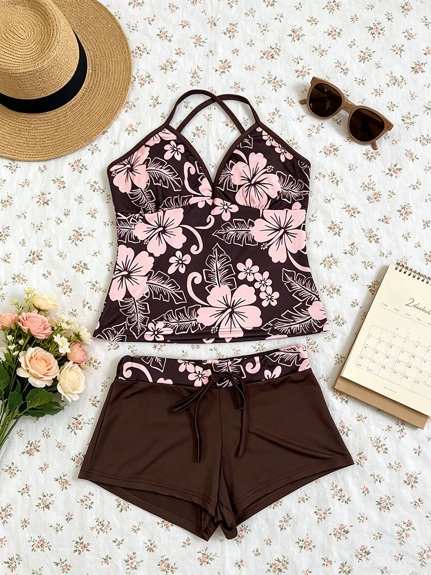 ชุดเซ็ตทูพีซลายดอกชบาเขตร้อนสไ - Suspender Tank Top บทวิจารณ์และราคา